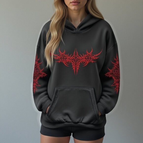 Mens Graphic Hoodie, Black Dark Streetwear Gothic Jacket, Cotton Polysester Blen - Picture 5 of 5